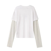 Hearujoy Fake Two Pieces Long Sleeved Tee Mens and Womens Wings Oversized Washed Cotton Casual Top Tees Round Neck Loose T-shirt